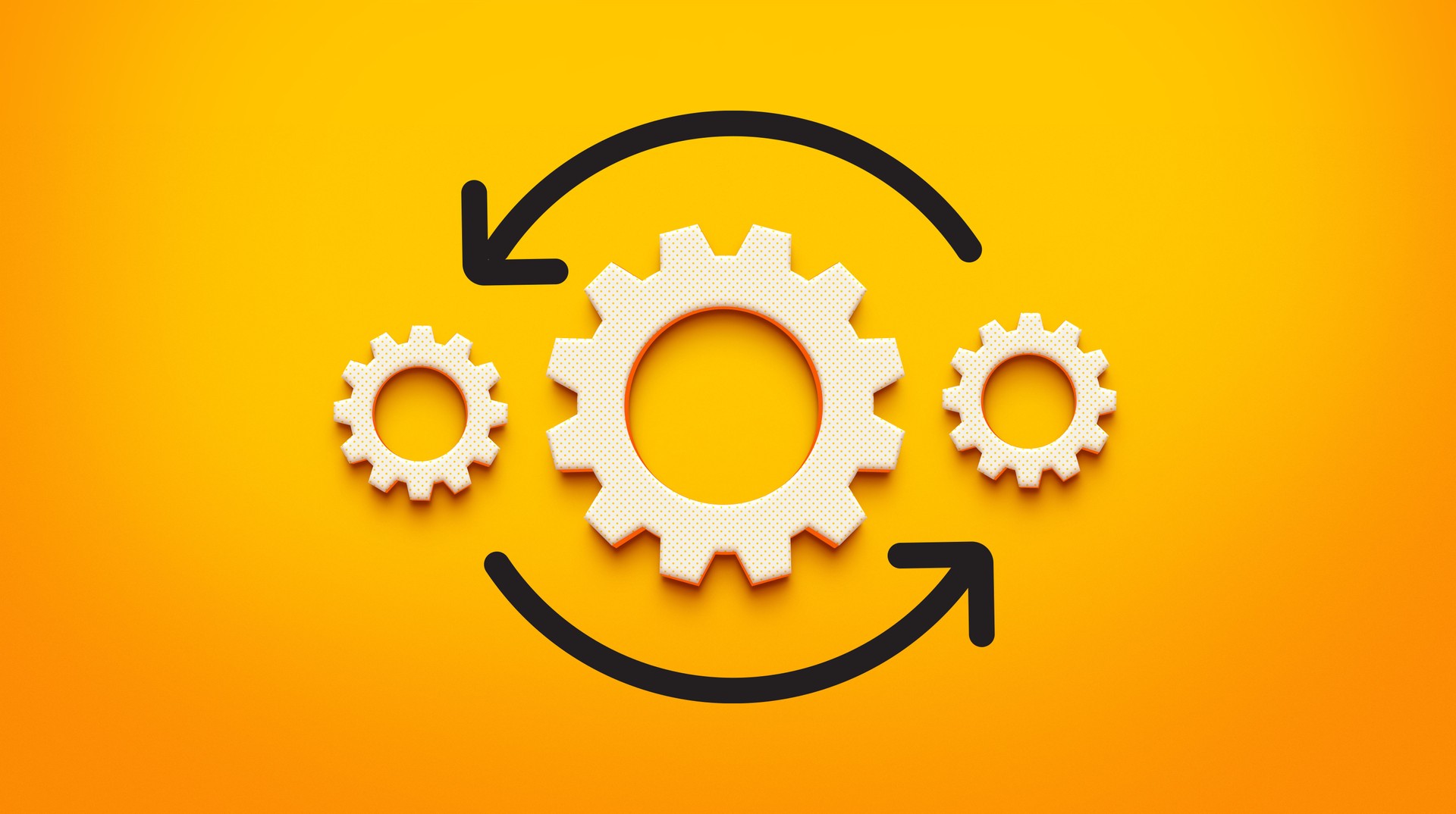 Process Optimization and Workflow Concept with a 3D Gear and Circular Arrows. 3D Rendering.